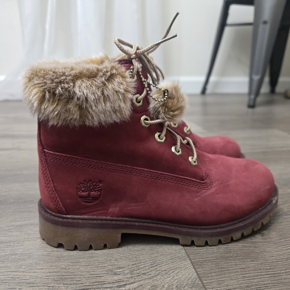 Timberland Faux Fur Girls Size 5 Burgandy Wine Winter Boots Primaloft 200 Gram